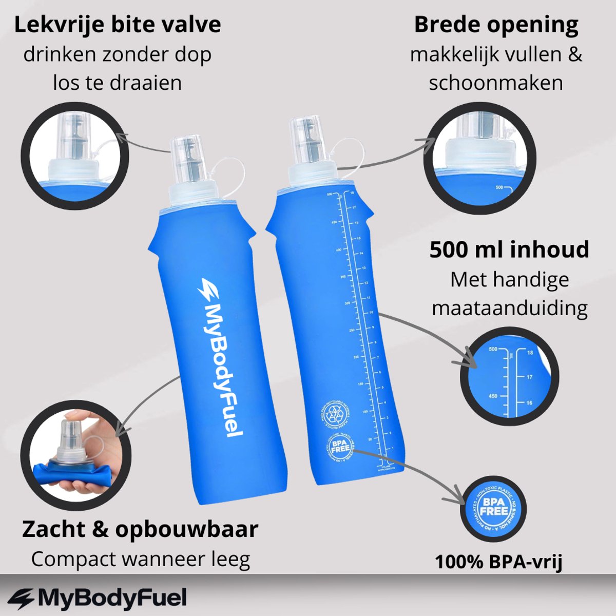 MyBodyFuel - Soft Flask 500 ml - 2 Stuks - Opvouwbare Waterfles - Flexibel & Compact - Drinkfles voor Hardlopen — cadeau in Sport & Outdoor - foto 2