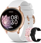 Maoo Ventura 2 smartwatch met rosé gouden rand, wit siliconen bandje en extra roze en zwarte bandjes.