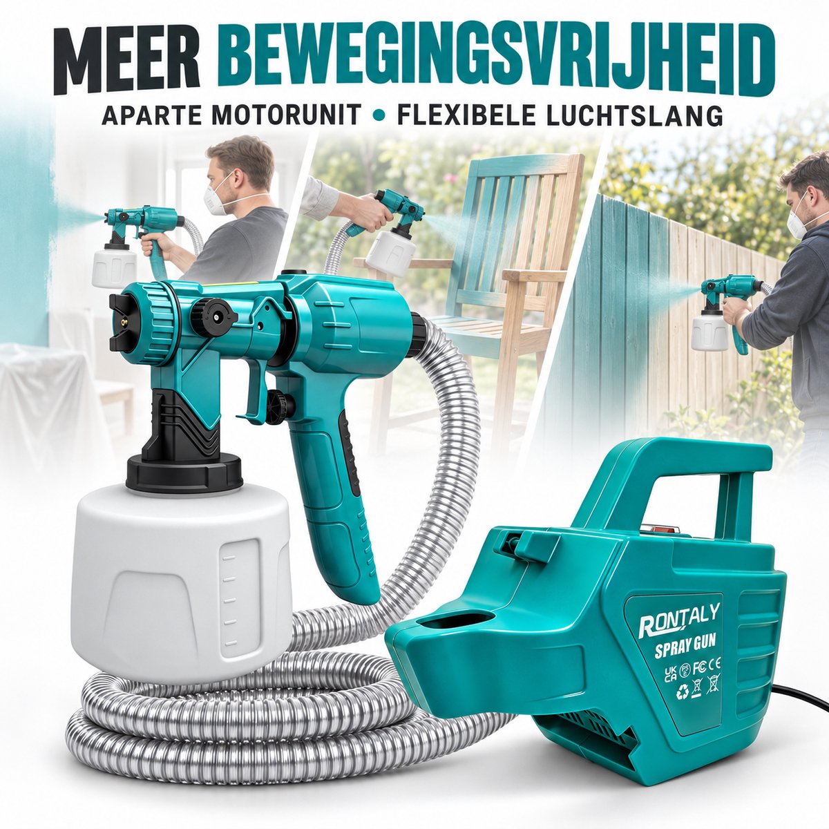 Verfspuitsysteem met Aparte Motorunit – Elektrisch Verfspuitpistool 200W met 1400 ml Verfbeker, Flexibele Luchtslang en 3 Spuitstanden – Voor Binnen en Buiten