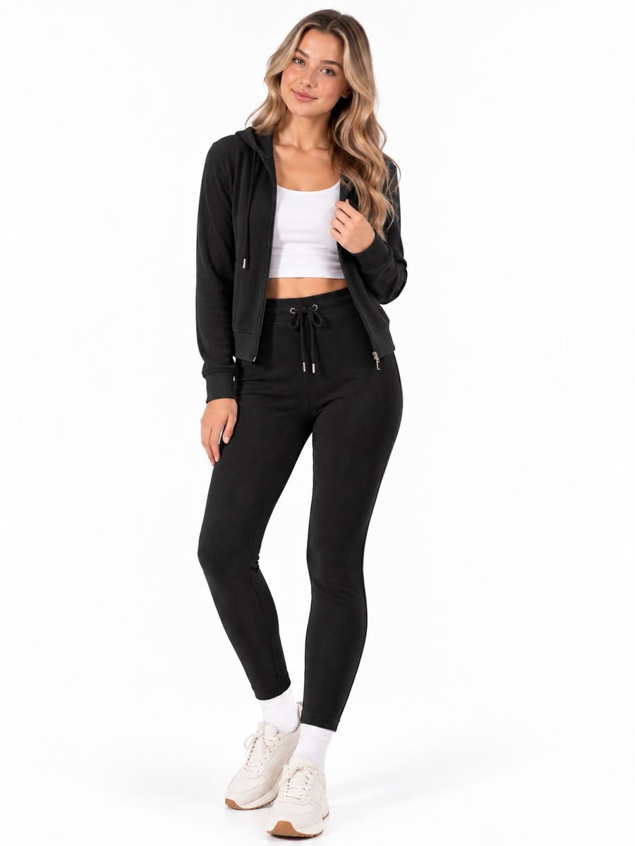 Dames Rib Fluffy Lounge Set-Trainingpak- Hoodie met capuchon-Rits-Joggingpak-Huispak-S/M(36/38) NGHP-W26003 Zwart