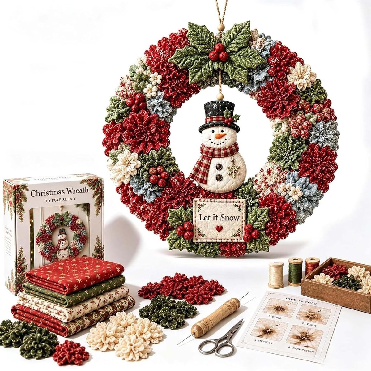 3D Stof Poke Krans DIY Kit - Kerstkrans Maakpakket - Creatief Knutselen voor Thuisdecoratie - Sneeuwpop