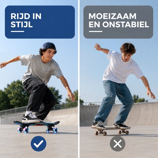 Jonge man rijdt in stijl op een skateboard met kleurrijke print en lichtgevende wielen. De andere afbeelding toont een onstabiel skateboard.