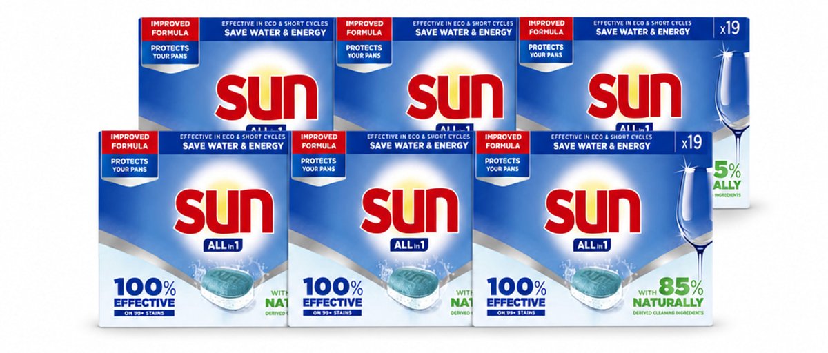 6 x Sun - Vaatwastabletten - All-in-1 Neutraal - 19 tabletten - Voordeelverpakking - 6 stuks