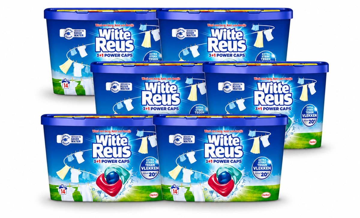 6 x Witte Reus - Wasmiddel - Power Caps 3+1 - 14 Capsules - Voordeelverpakking - 6 stuks