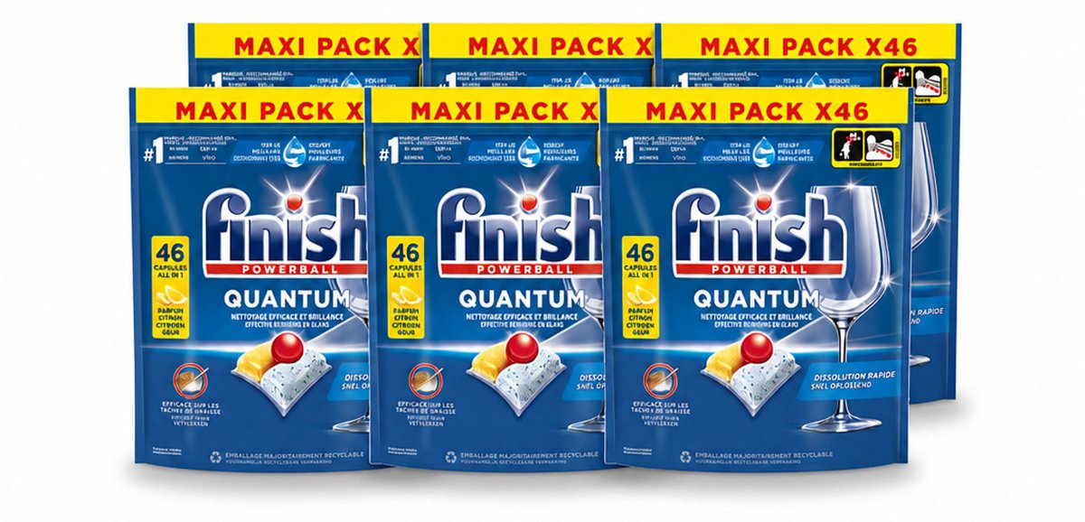 6 x Finish - Vaatwasmiddel - Quantum Vaatwastabletten Citroen - Diepe Reiniging & Frisheid - 46 capsules - Voordeelverpakking - 6 stuks