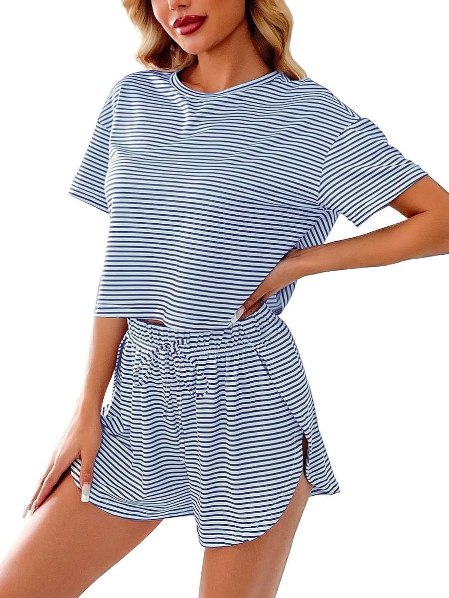 Pyjama voor dames, zacht, gestreept, loungewear met verstelbaar trekkoord, ademend, licht, nachtkleding