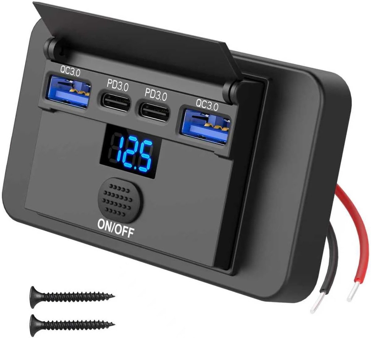 84W 4-poorts 12V USB-aansluiting voor opbouwmontage met voltmeter, 36W PD en dubbele 18W QC 3.0 Lichtgewicht vervangingspaneel voor USB-aansluiting in de auto, met knopschakelaar voor bussen, campers
