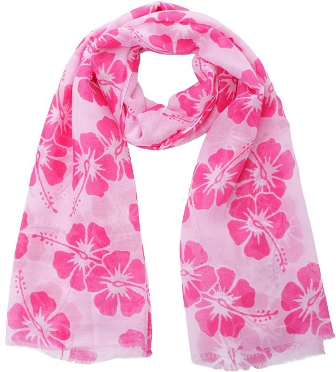 Een sprekende sjaal (180x90cm) met roze bloemen. Comfortabel om te dragen door de soepel vallende stof. Een fijne zomersjaal, maar ook na de zomer is deze sjaal nog heel goed te combineren met kleding. Voor uzelf of als cadeau.