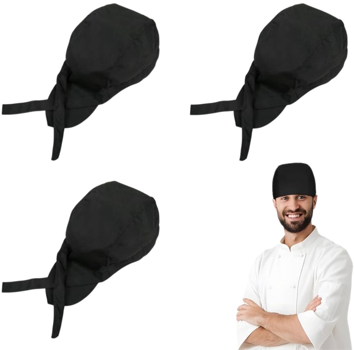 3-delige set - Koksmuts - Obermuts - Hoofddoekmuts - Keukenmuts - Hoofddoekkoksmuts - Baristamuts - Verstelbaar - Stofwerend - BBQ-accessoires - Zwart - One size fits all - Geschikt voor koken, keukens, bars en restaurants