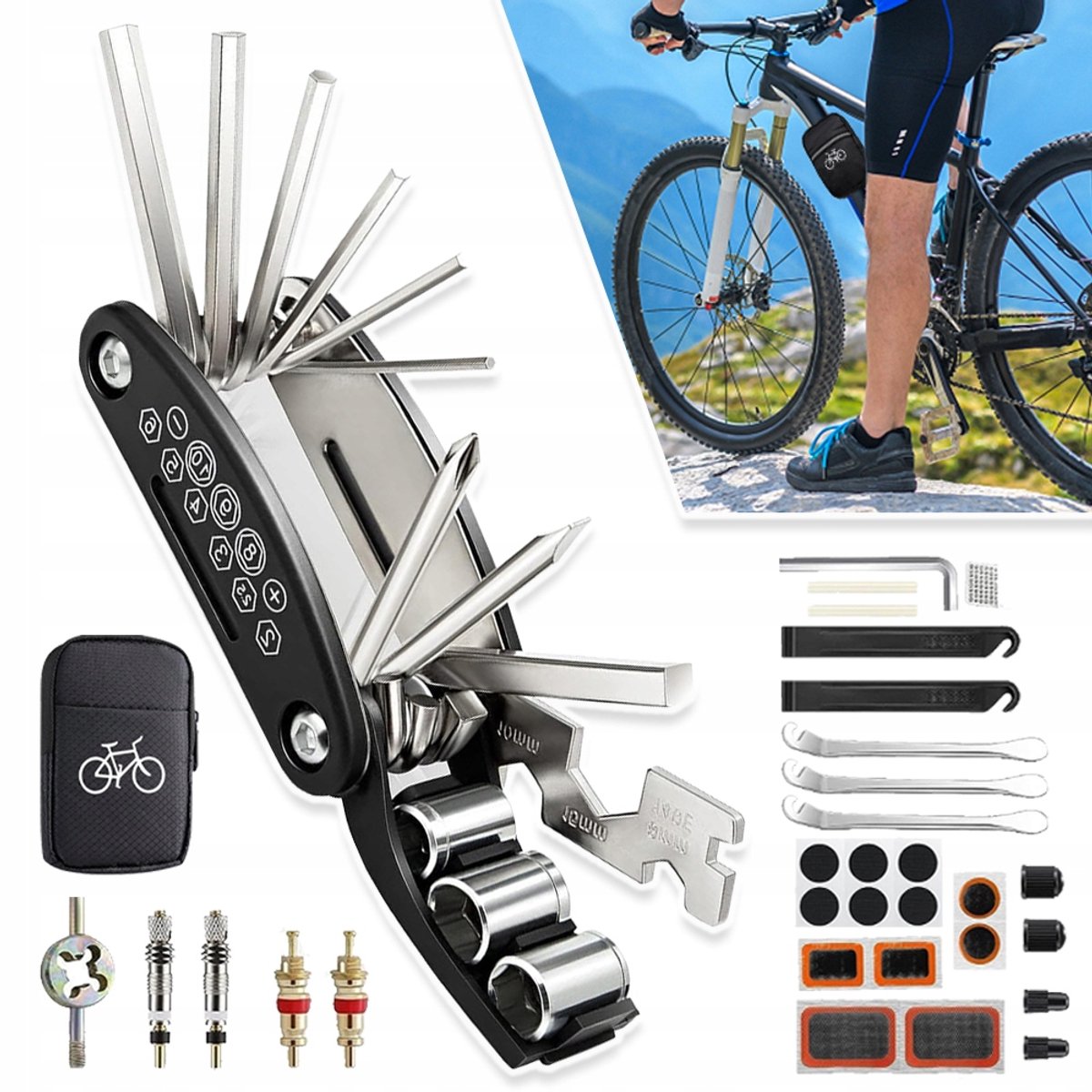 16-in-1 Fietsreparatieset Van Hoge Kwaliteit - Duurzame Gereedschappen Van Staal En ABS Opbergtas Voor Bevestiging Aan Het Zadel Compact En Draagbaar - Voor Mountainbike, Racefiets, Elektrische Fiets En Voertuig - Zwart