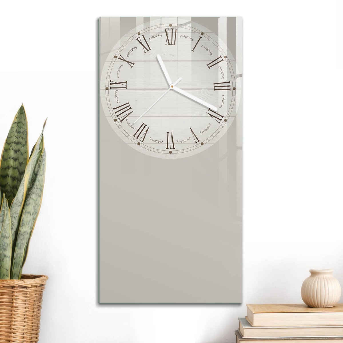 ArtPrintCave Beige Glazen Klok - 30x60 cm - Rechthoekige Wandklok - Rustieke Klok Unieke Klok - Abstractie Stille Wandklok - Witte Klokwijzers