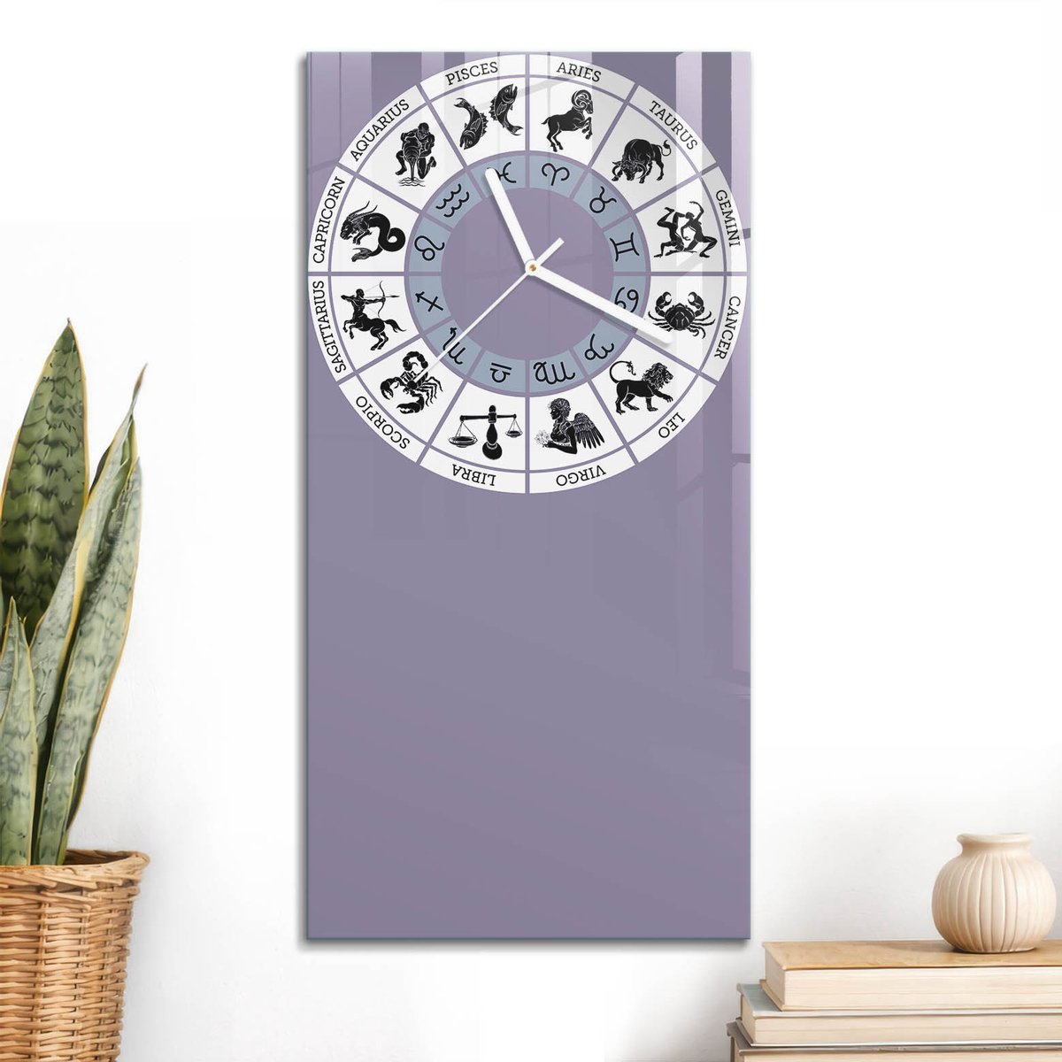 ArtPrintCave Paars Glazen Klok - 30x60 cm - Rechthoekige Wandklok - Dierenriemwiel Wandklok Keuken - Abstractie Unieke Klok - Witte Klokwijzers