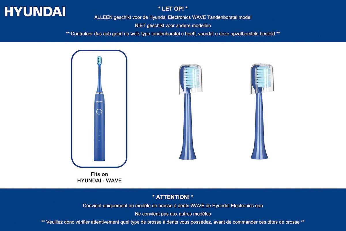 Hyundai Electronics - Elektrische Tandenborstel Wave - Opzetborstels hard - blauw - 2 stuks