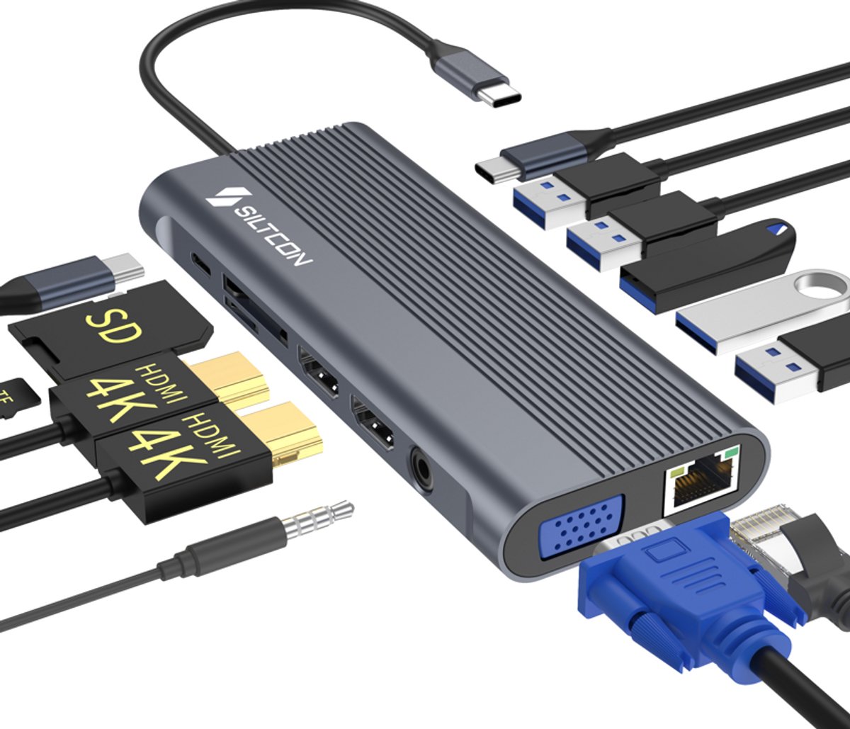 Siltcon® 14 in 1 USB C Hub - Docking Station Laptop - 3 Schermen - 2x HDMI 4K - 1x VGA - RJ45 Gigabit - USB C 3.1 / USB A 3.1 - 100W PD - Thunderbolt - Plug & Play - Universeel Voor Laptops – SD & TF Lezer - Spacegrey