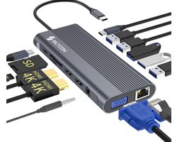 Siltcon® Hub USB-C 14 en 1 - Station d'accueil pour ordinateur portable - 3 Écrans - 2x HDMI 4K - 1x VGA - RJ45 Gigabit - USB-C 3.1 / USB-A 3.1 - PD 100W - Thunderbolt - Plug & Play - Universel pour ordinateurs portables – Lecteur SD & TF - Spacegrey