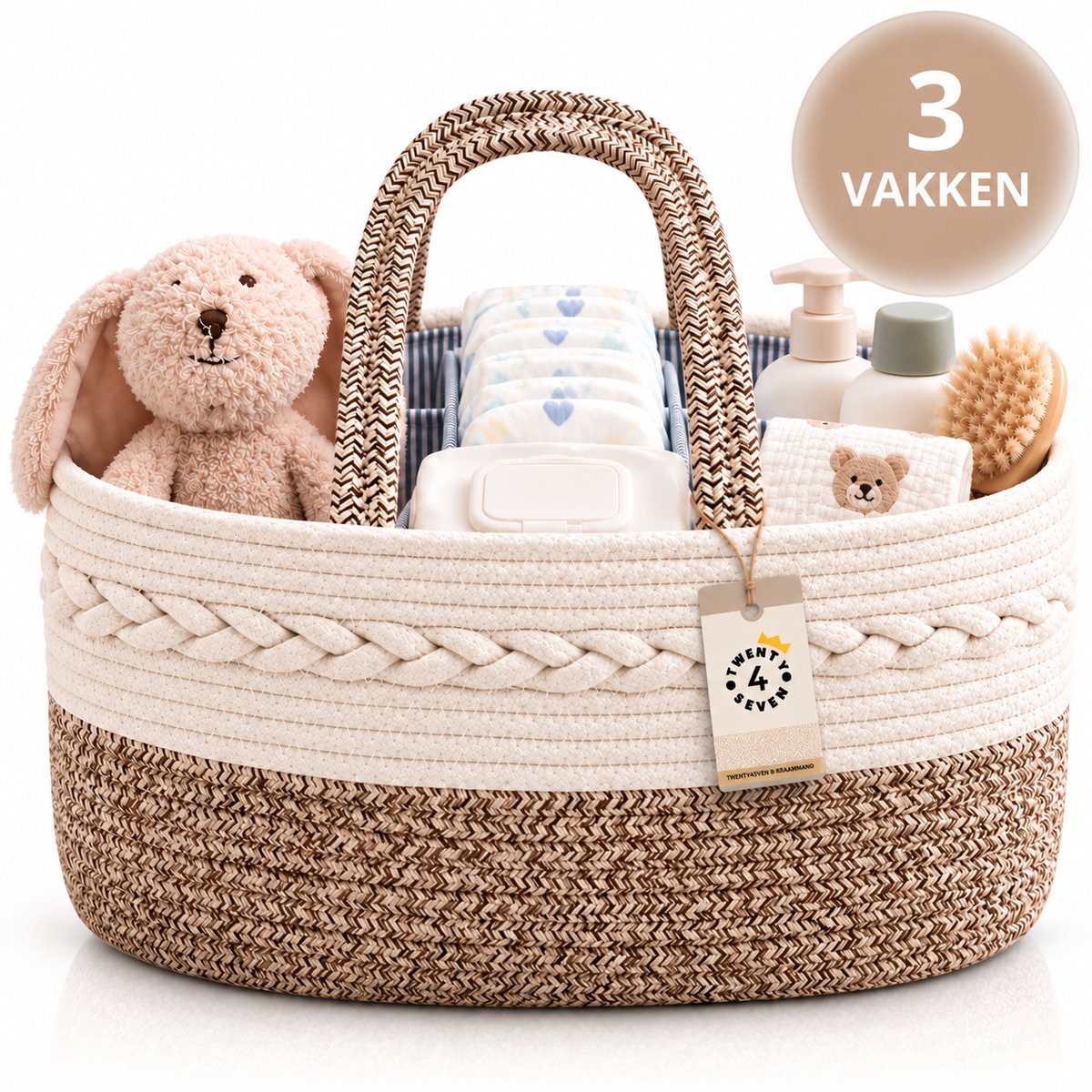 Twenty4seven® Luiermand Baby met 3 Vakken - Luiertas Organizer & Commodemand - Kraammand Gevlochten Katoen - Opbergmand Babykamer - Kraamcadeau Jongen & Meisje