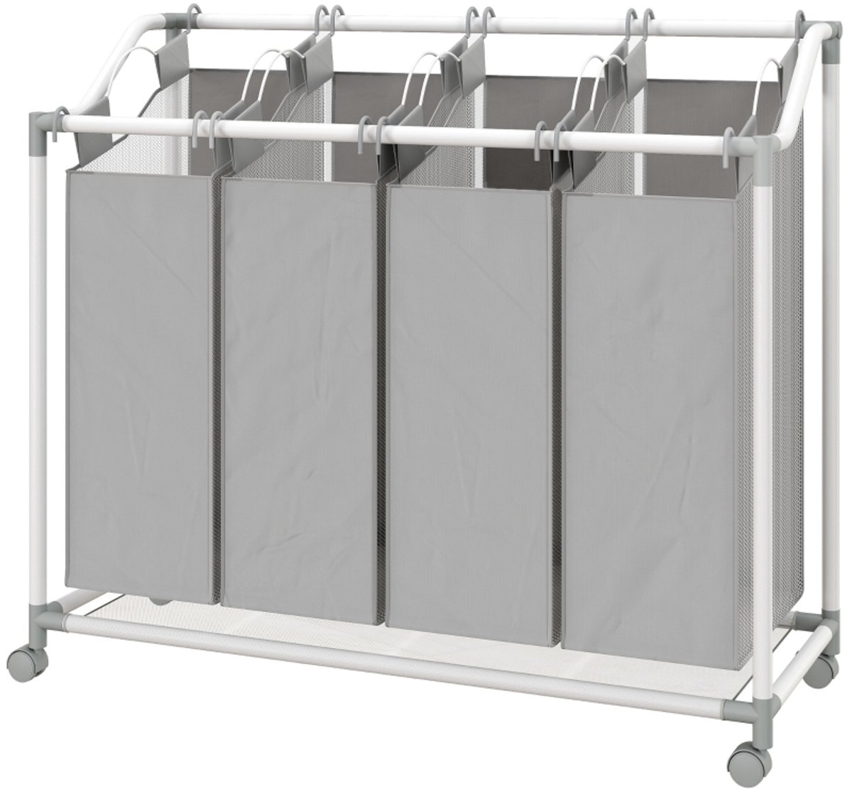 Wasmand 97 × 38 × 81 cm Grijs Metalen frame Wasmand voor vuile was, opbergmand met 4 compartimenten en wielen, gemakkelijk te verplaatsen, praktisch en stijlvol, gemakkelijk schoon te maken, geschikt voor slaapkamer, badkamer en wasruimte