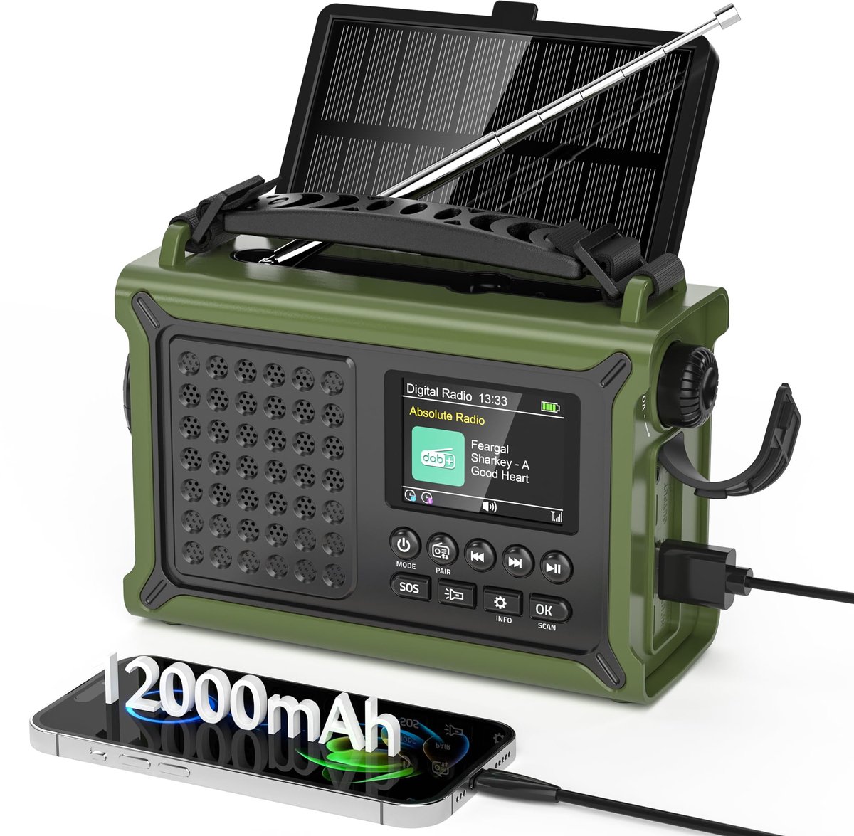 Noodradio – DAB+/FM – 12000 mAh – Zonnepaneel – Handzwengel – Bluetooth – Zaklamp