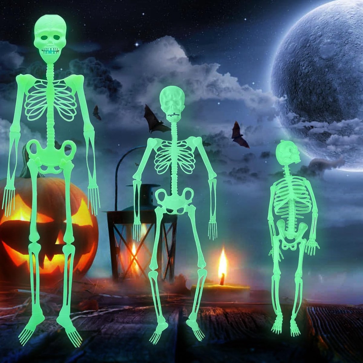 Lichtskelet, 3 stuks Halloween fluorescerende skeletten, Halloween-decoraties, horror skelet, Halloween lichte decoraties, horror, griezelig tuin, gazonfeest (B)