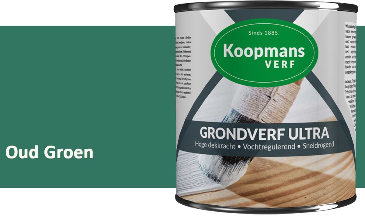 Koopmans Grondverf Ultra – Grondverf Hout & Metaal Binnen en Buiten – Vochtregulerende Primer – Hoge Dekking – Zijdeglans – Oud Groen – 750 ml