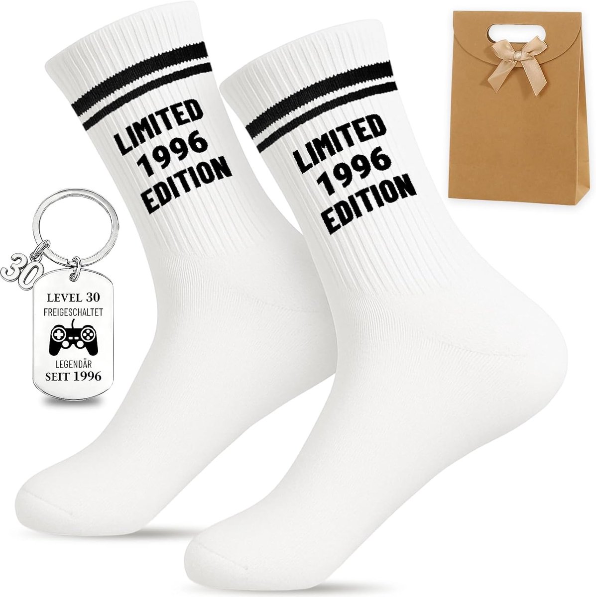30e Verjaardag Mannen Set - Limited 1996 Editie Sokken EU 38-45 & Sleutelhanger & Cadeauzakje - Grappige 30e Verjaardag Mannen Geschenken, 30e Verjaardag Mannen Sokken Voor Cadeau-ideeën