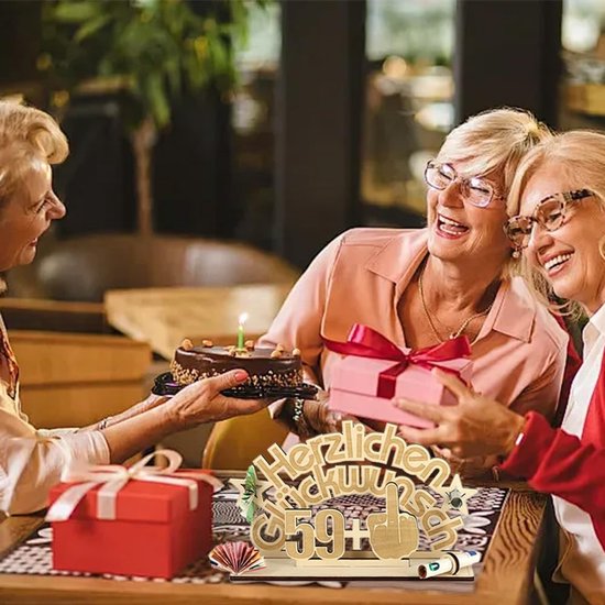 Geldgeschenk hout, grappig 60e verjaardag geld cadeau gemaakt van hout, 60 verjaardagsgetallen, gastenboek gemaakt van hout, 59+1, 60e verjaardag vrouwen en mannen — afbeelding 4