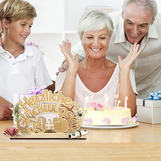 Geldgeschenk hout, grappig 60e verjaardag geld cadeau gemaakt van hout, 60 verjaardagsgetallen, gastenboek gemaakt van hout, 59+1, 60e verjaardag vrouwen en mannen — afbeelding 3