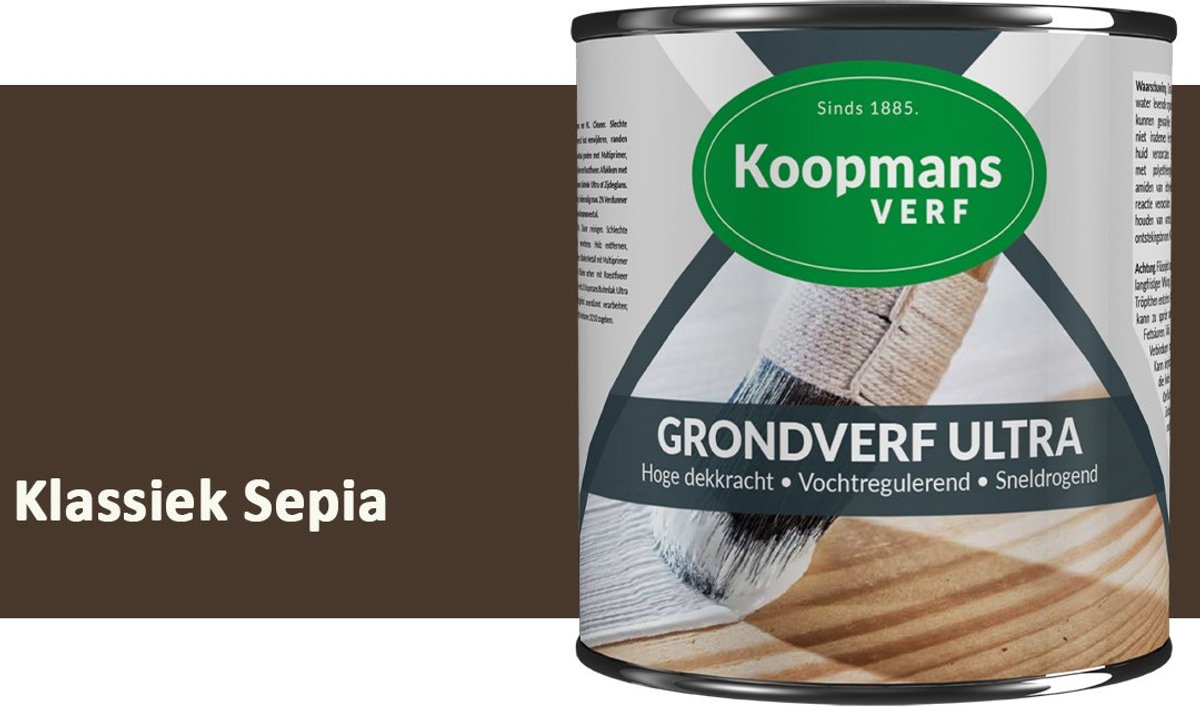 Koopmans Grondverf Ultra – Grondverf Hout & Metaal Binnen en Buiten – Vochtregulerende Primer – Hoge Dekking – Zijdeglans – Klassiek Sepia – 750 ml