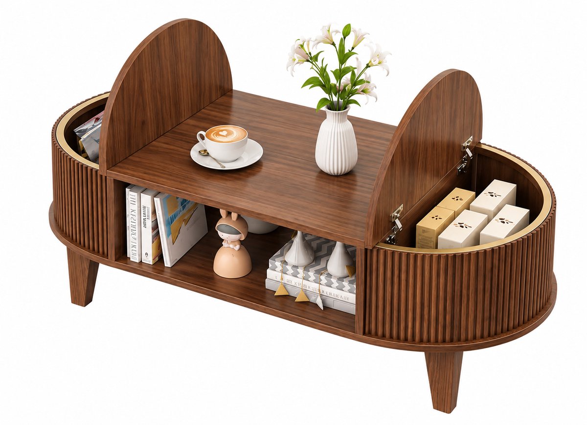 Bresht Salontafel - Bijzettafel - Ovaal - Slimme opbergruimte - Royaal tafelblad - Open middenvak - Walnoot - 100 x 50 x 50,4 cm