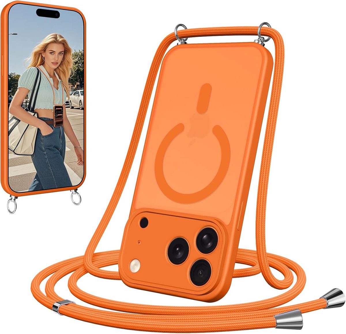 Telefoonhoes voor iPhone 17 Pro Max, hoes met band, compatibel met MagSafe, mat doorschijnend, verstelbare en afneembare ketting, crossbody magnetische cover, oranje