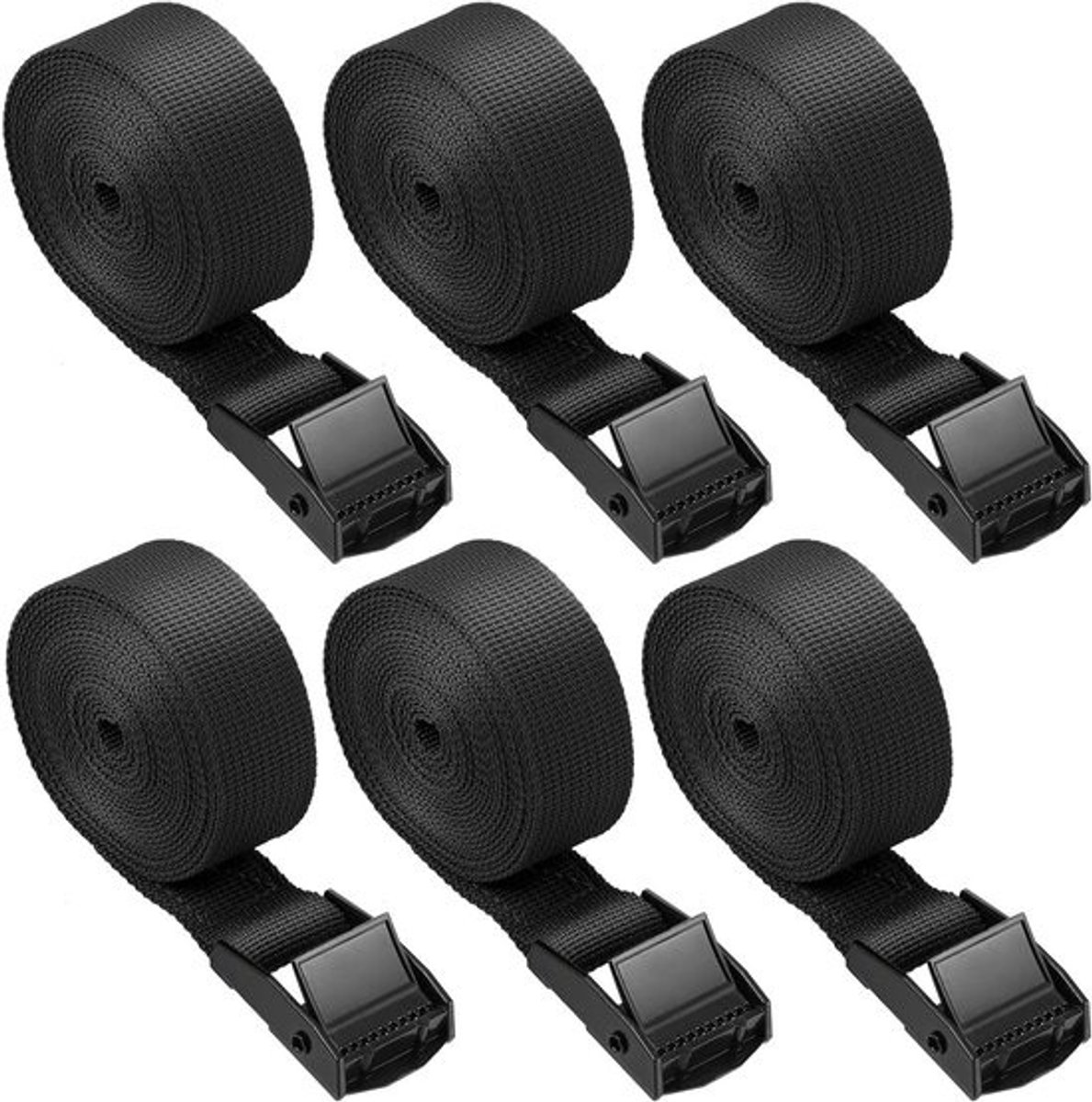 6 Stuks Lashing Straps - Sterke Cam Buckle Bevestigingsriemen voor Motorfietsen, Fietsen en Bagage (250x2.5cm, Zwart)