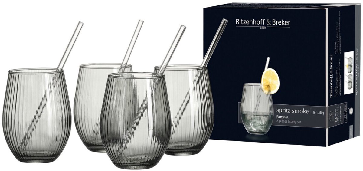 RITZENHOFF & BREKER Spritz "Smoke" Partyset 8-delig – 4 Longdrinkglazen 590 ml – Grijs – Inclusief 4 Rietjes