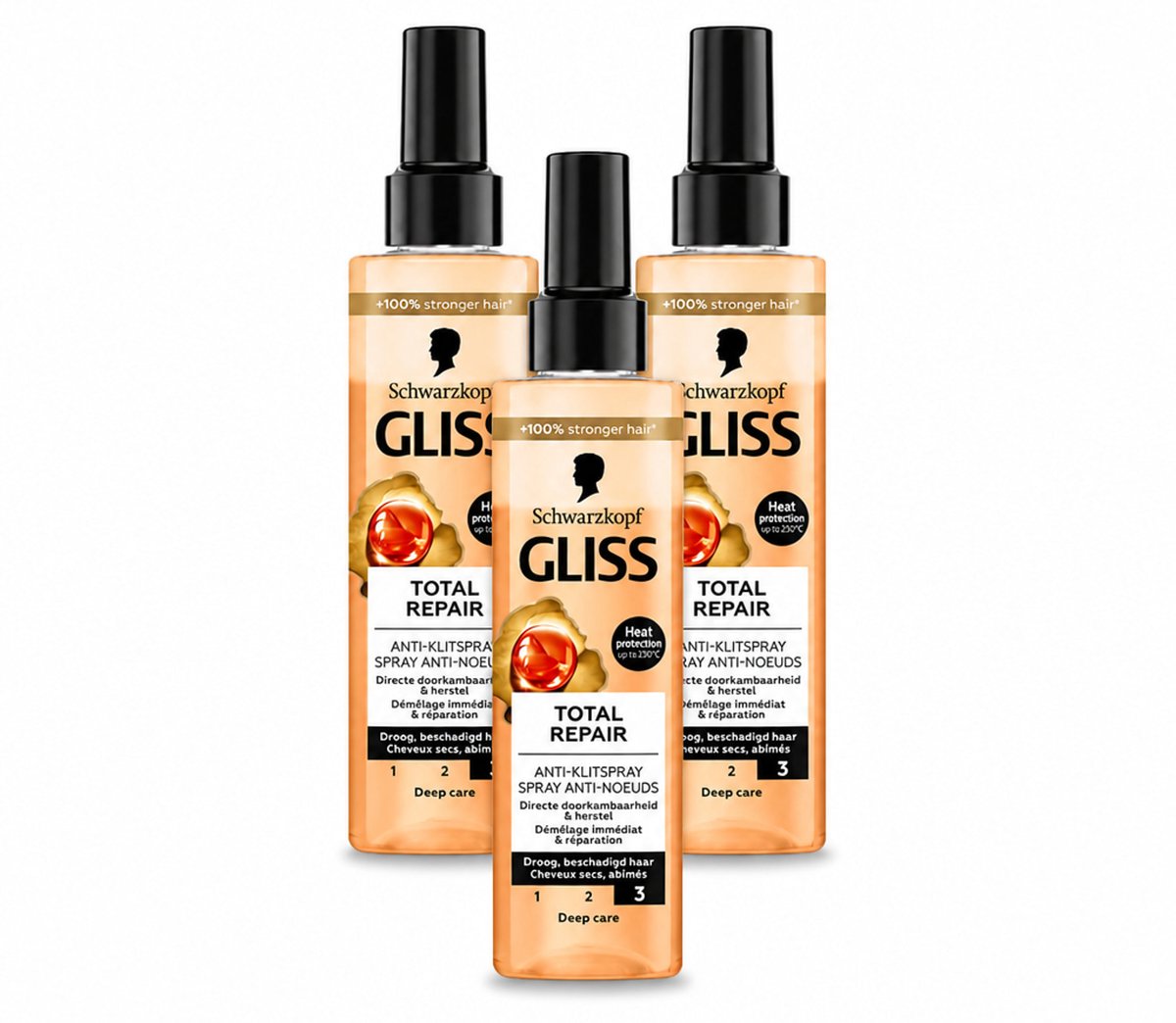 3 x Gliss - Total Repair Anti-Klit Spray - Voor Beschadigd en Droog Haar - 200 ml - Voordeelverpakking - 3 stuks