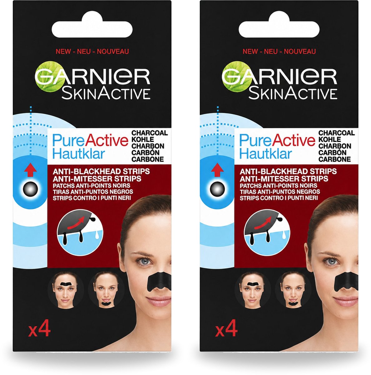 2 x Garnier - Pure Active - Anti-Mee-Eters Strips - Charcoal - Neus, Voorhoofd & Kin - 4 Strips - Bulkverpakking - 2 stuks
