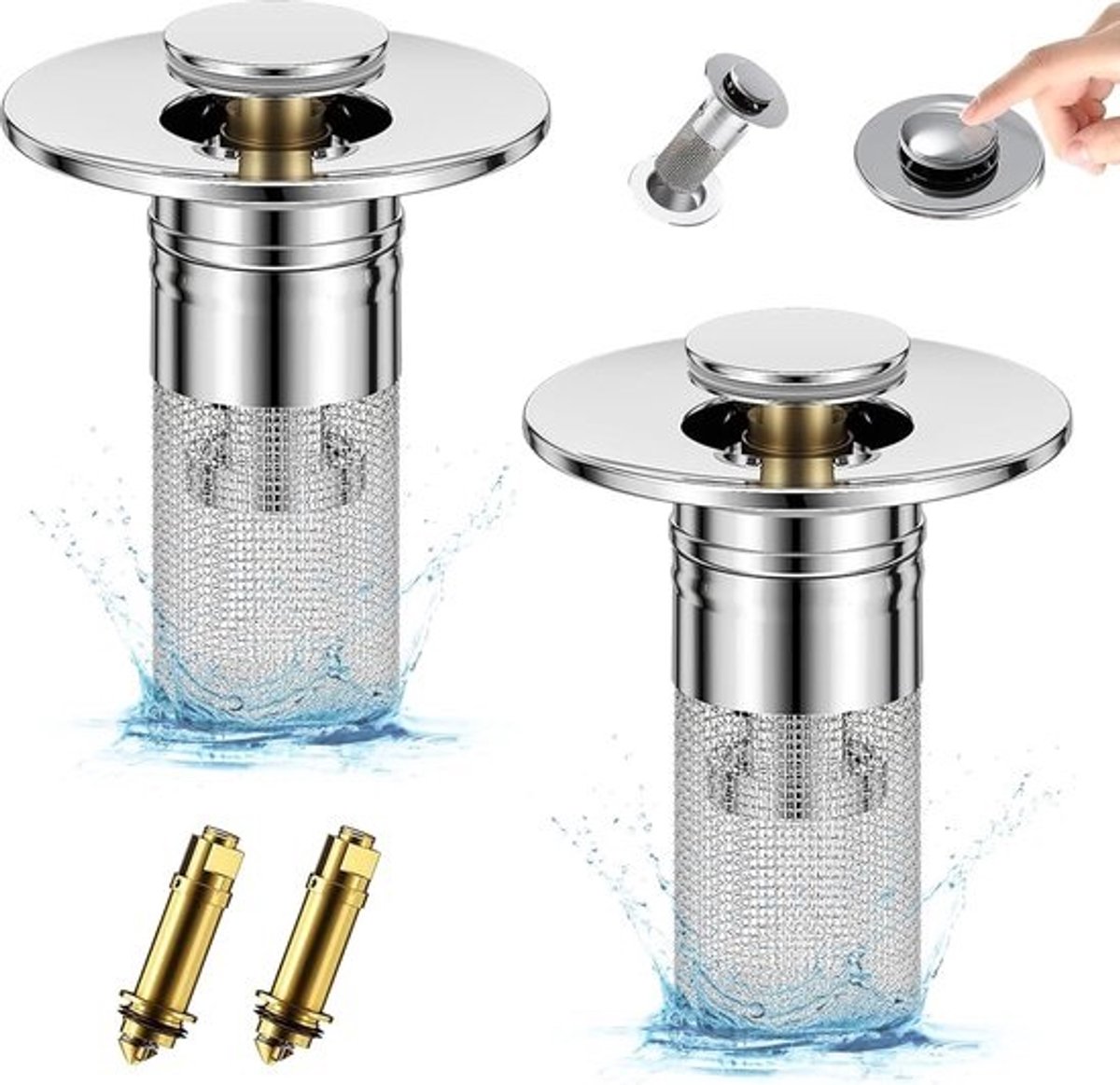 Set van 2 gootsteenpluggen voor 34-40 mm afvoer, gootsteenafvoerplug met haarzeef, universele pop-up afvoerzeef douche snel leeglopen, aftapplug voor aanrechtgootsteen