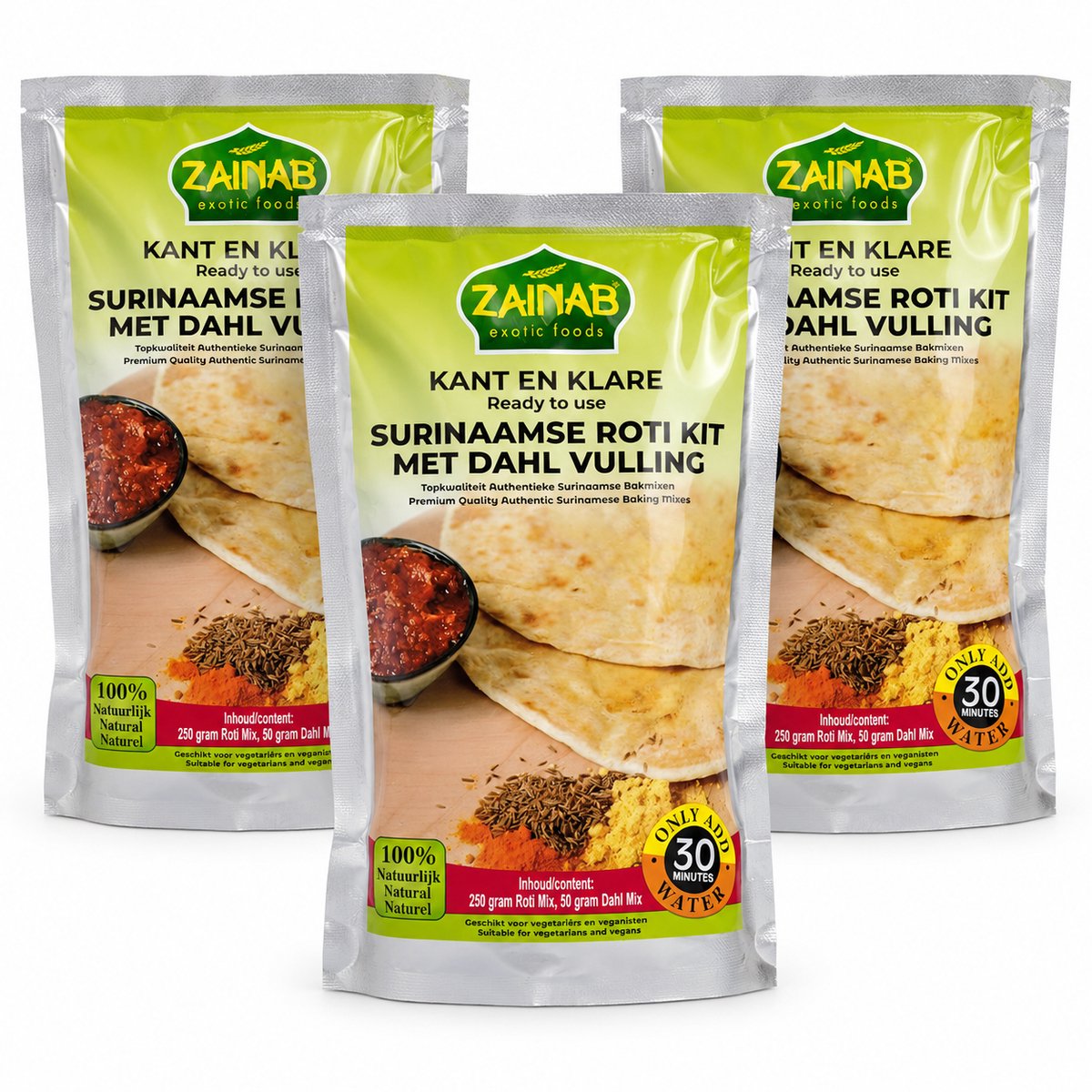 Zainab | 3 x Roti Kit met dahl | kant en klare roti kit | vegan | voordeelverpakking 3 x 300 gram