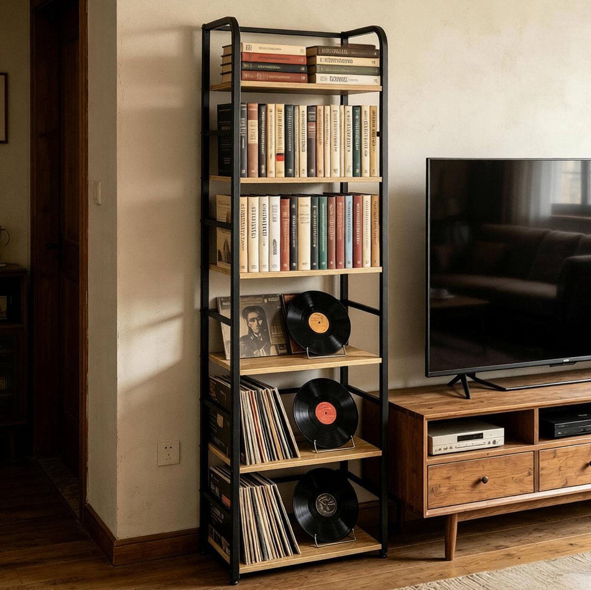 DESMIU Boekenkast – 50 x 30 x 176 cm – 6 Open Planken – MDF En Metaal – Zwart En Licht Eiken – Opbergen En Presenteren – Verstelbare Voetjes