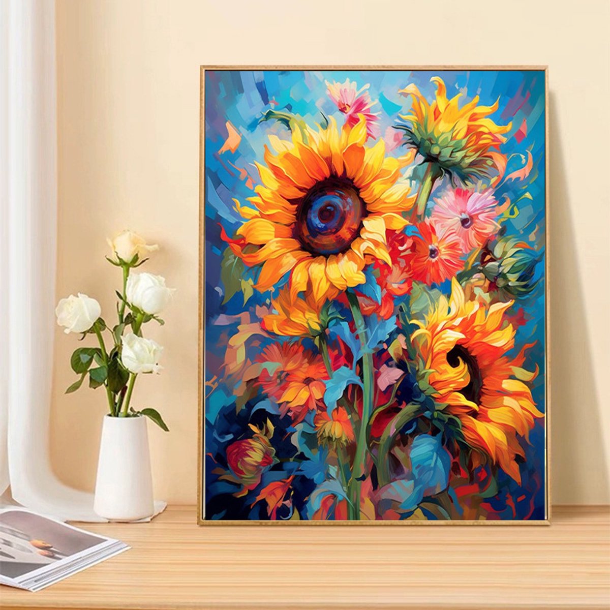 DIY kruissteekborduurpakket/Olieverfschilderstijl - zonnebloem/gedrukt kruissteekpatroon borduurpakket (frame niet inbegrepen) 40*50CM