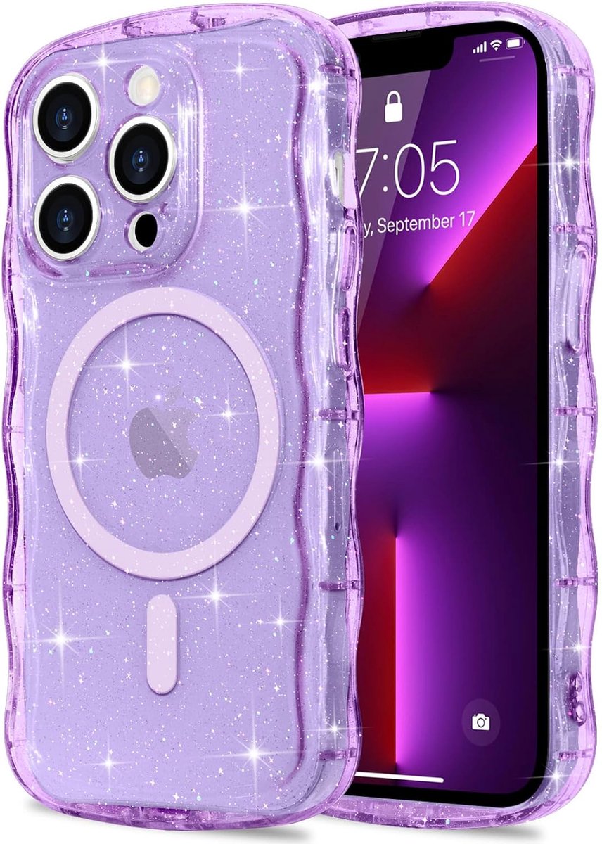 Glitterhoes voor iPhone 13 Pro, compatibel met MagSafe, transparant, golfvorm, siliconen case, golvend design, TPU bumper, stootvaste beschermhoes voor meisjes, paars