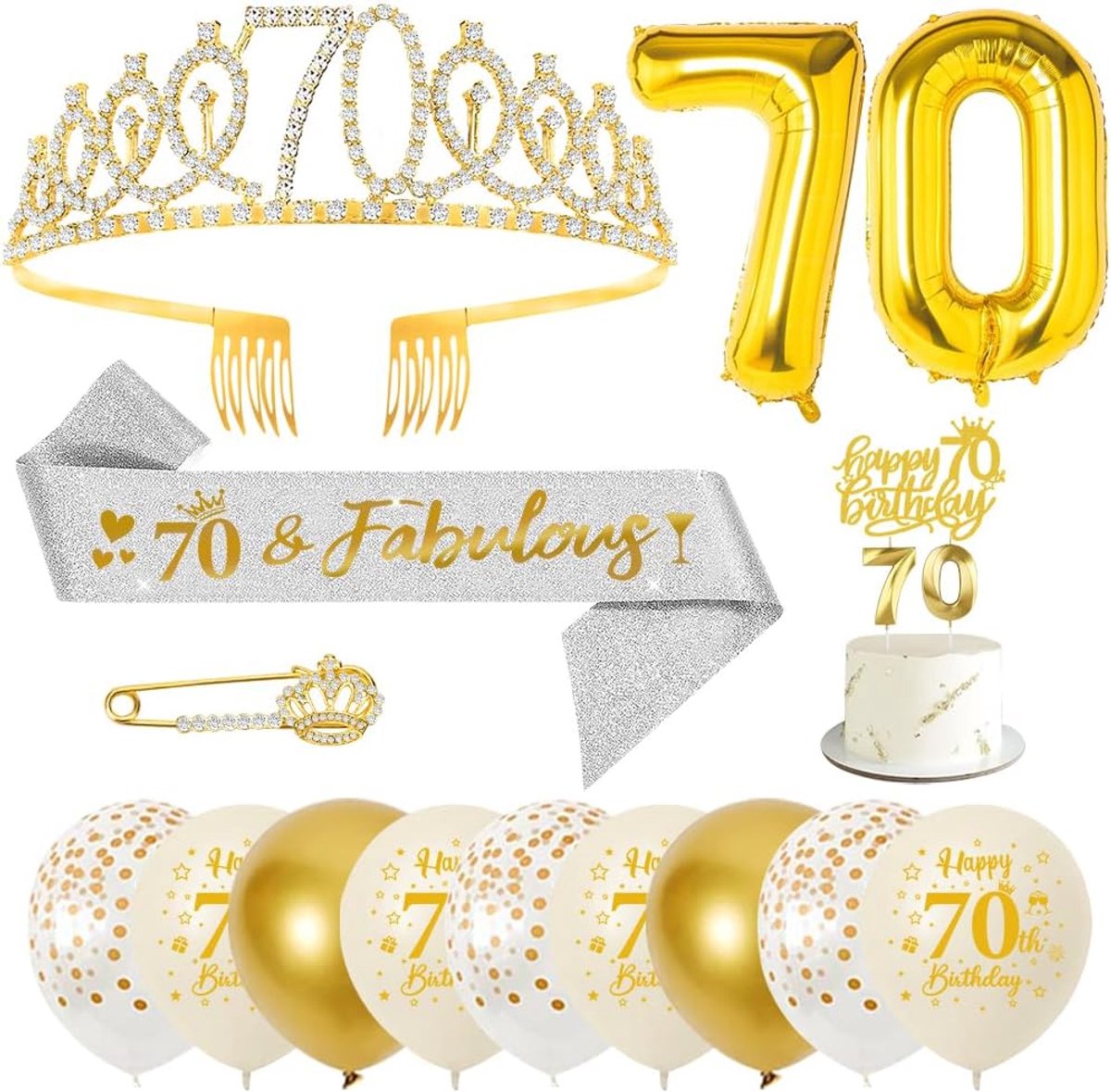 70e verjaardagsdecoratie voor dames, sjerp en diadeem, goud, met taarttopper, cijfers en ballonnen, cadeau voor dames 70 jaar