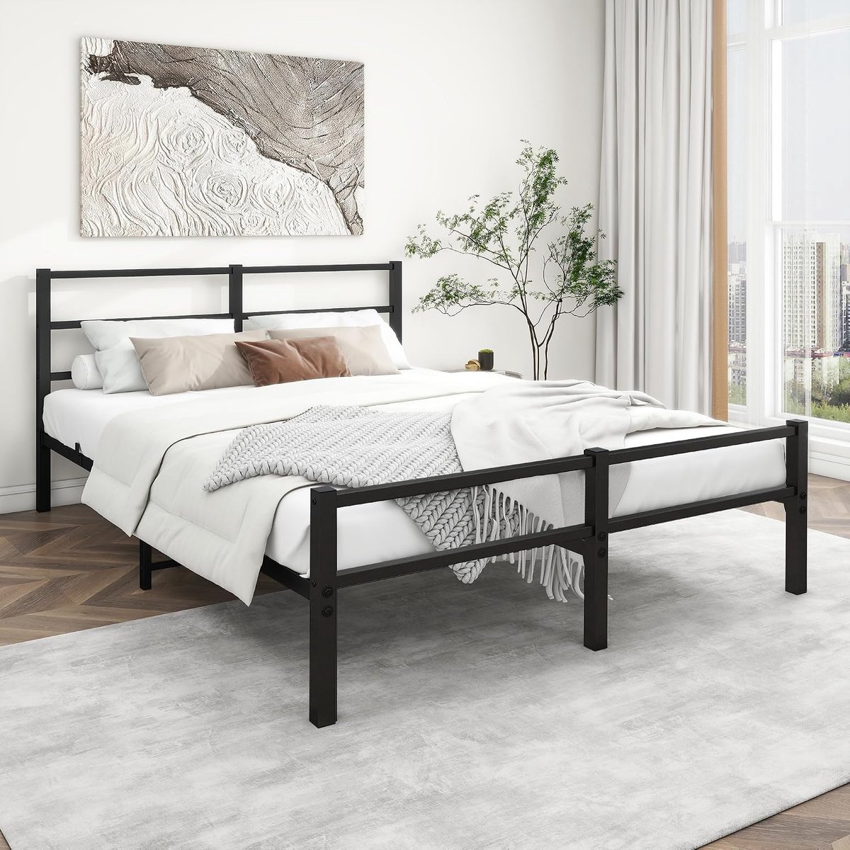 Bed, 140 x 200 cm, bedframe met hoofdeinde en voeteneinde, bed voor volwassenen, logeerbed, tweepersoonsbed, zwart