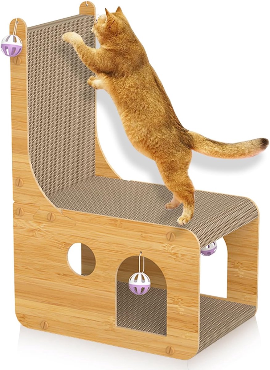 Krabplank voor katten, dubbeldekker, kattenbed met L-vormige krabplank, slijtvast krabkarton met 4 balspeelgoed en gezellig ligvlak, multifunctioneel kattenhuis (60 x 40 x 23 cm)