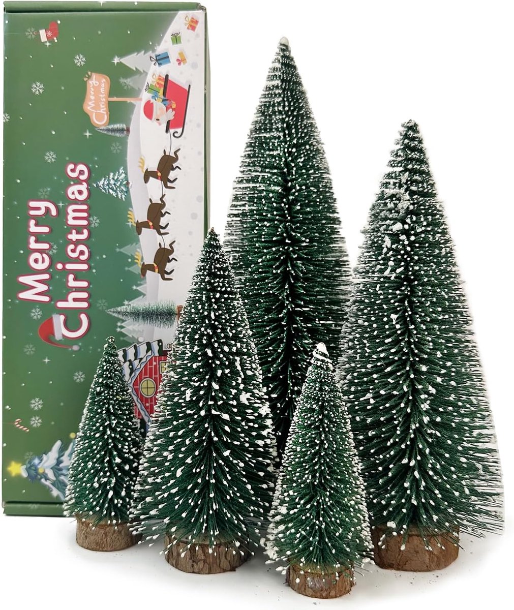 5 Stuks Tafelblad Kerstboom Pijnboom Fles Borstel Kerstbomen met Houten Bases voor Dorp Vakantie Feest Kersttafel Decor