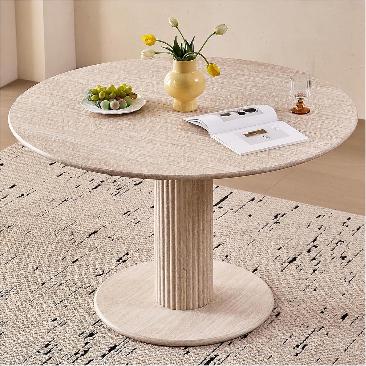 Eettafel (steenpatroon), 115 cm ronde keukentafel met sokkel, ideaal voor café, keuken, eetkamer (beige)