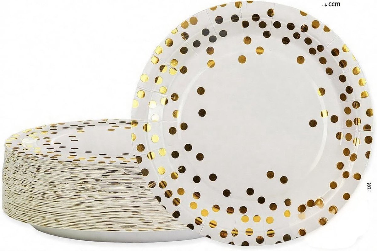 Borden, 50 stuks, 23 cm, Happy Birthday-folie, stippen, 23 cm, diner, wegwerpborden, servies voor afstuderen, bruiloft, kinderdag (wit en goud/9 inch)