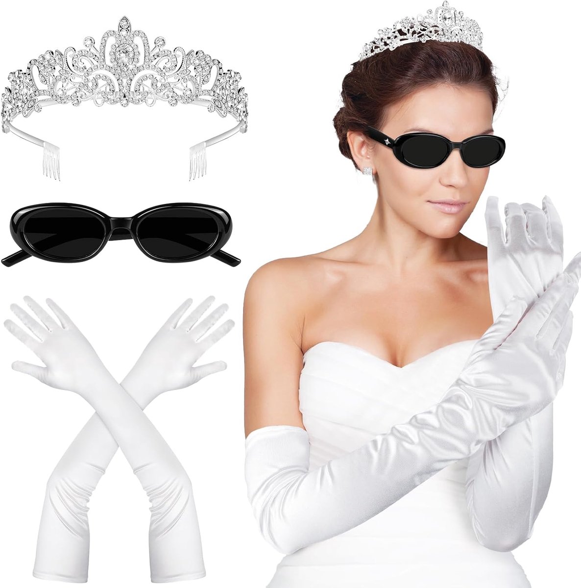 Kostuum prinses diaries voor vrouwen, diadeem met strass, kam, kroon, handschoenen, lange zonnebril, kostuumset voor Halloween, Kerstmis, kostuum, carnaval