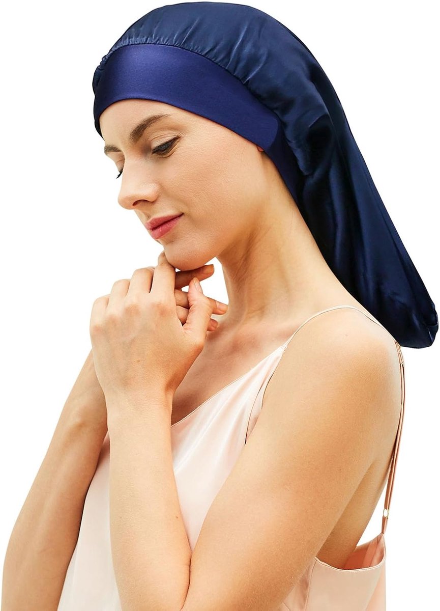 19 Momme Zijde Hoofdband Voor Slapen Beschermt het Haar, Geschikt voor Schouderlang Haar, Kort en Krullend Haar, Donkerblauw, L-XL
