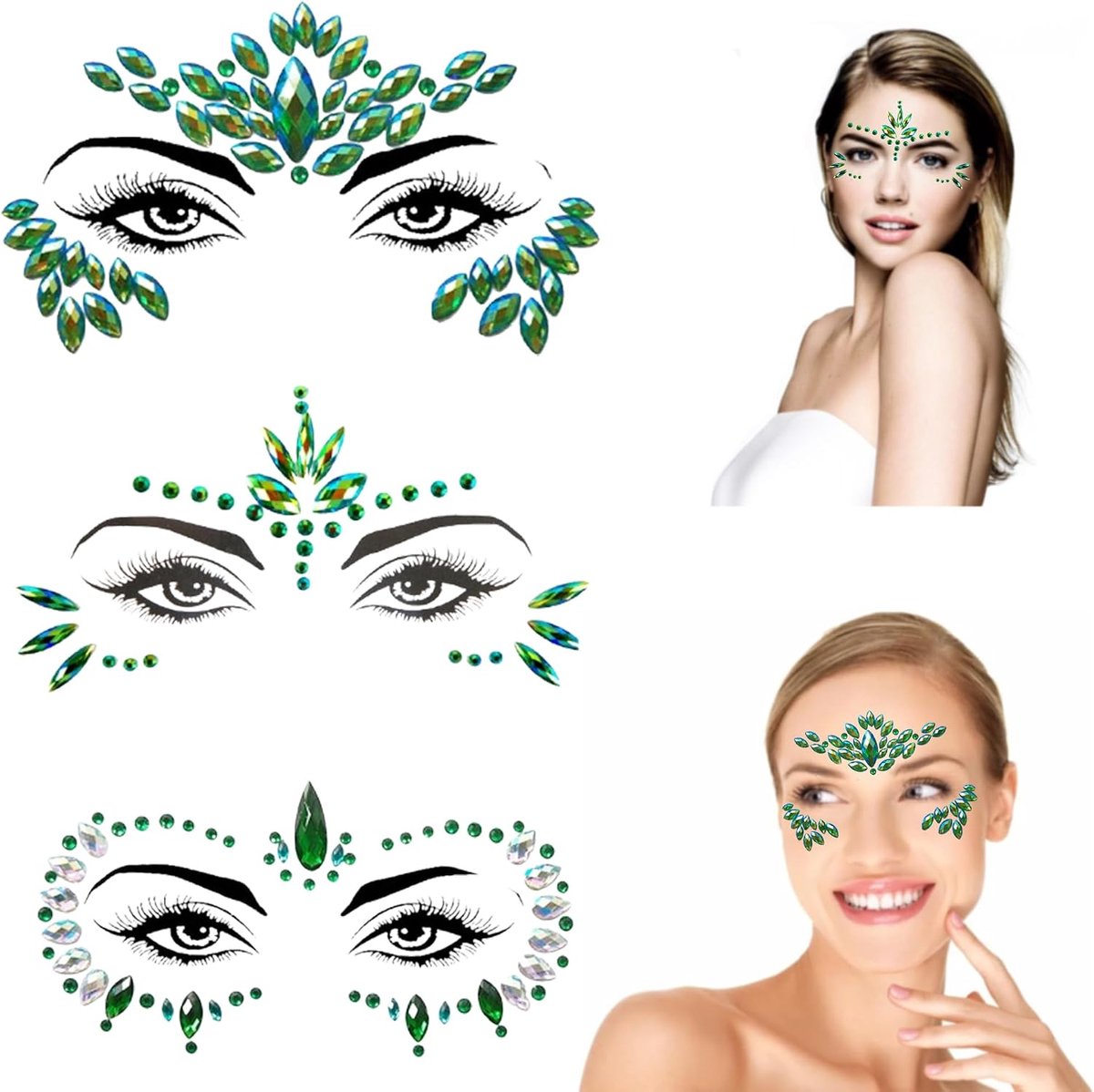 3 stuks groene glitterstenen, gezichtsstickers, doe-het-zelf glitter-edelstenen, gezichtsstickers, zelfklevende gezichtskristallen, strassteentjes, waterdicht, festival, tijdelijke tatoeages voor