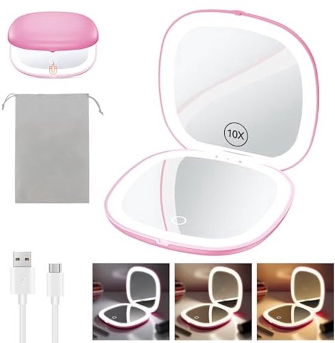 Oplaadbare compacte make-upspiegel met 3 lichtkleuren en vergroting 1X/10X