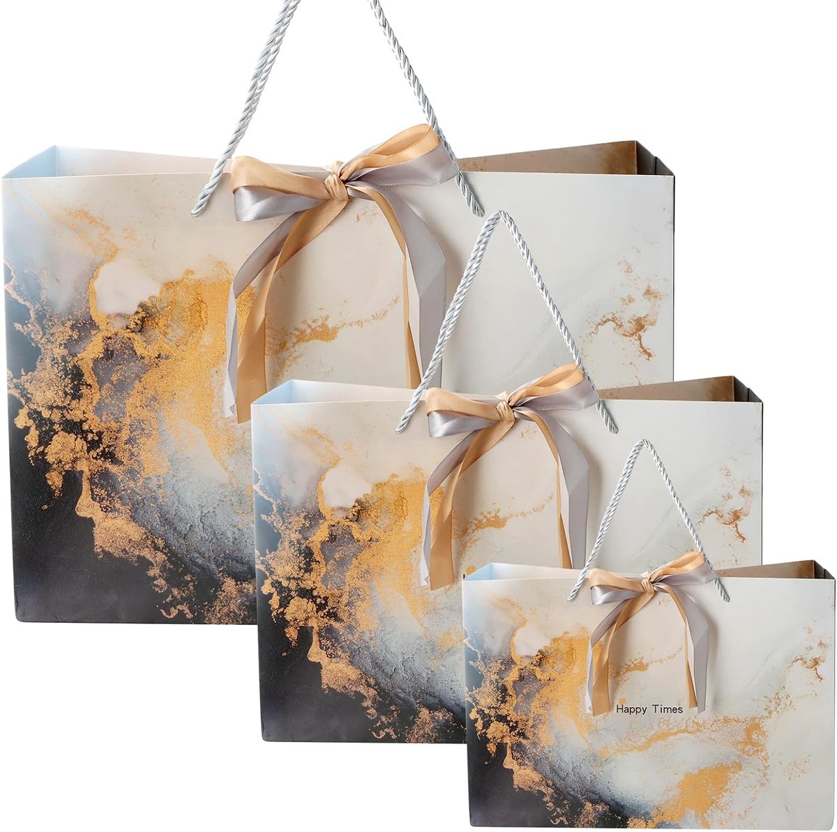 Geschenkzakjes in marmerstijl, cadeauzakjes met lint van lint, cadeauzakjes van papier, cadeauzakjes voor verjaardag, 3 papieren cadeauzakjes, klein, medium, groot (wit)